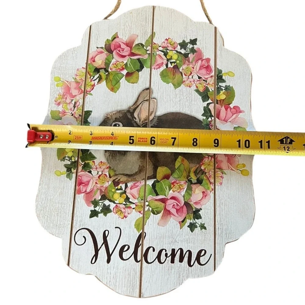 Spring Bunny Welcome Door Hanger Floral Wreath Rustic Easter Wall Decor